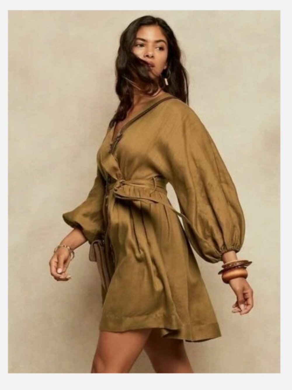 Linen Balloon Sleeve Mini Dress 0 Dry Mustard